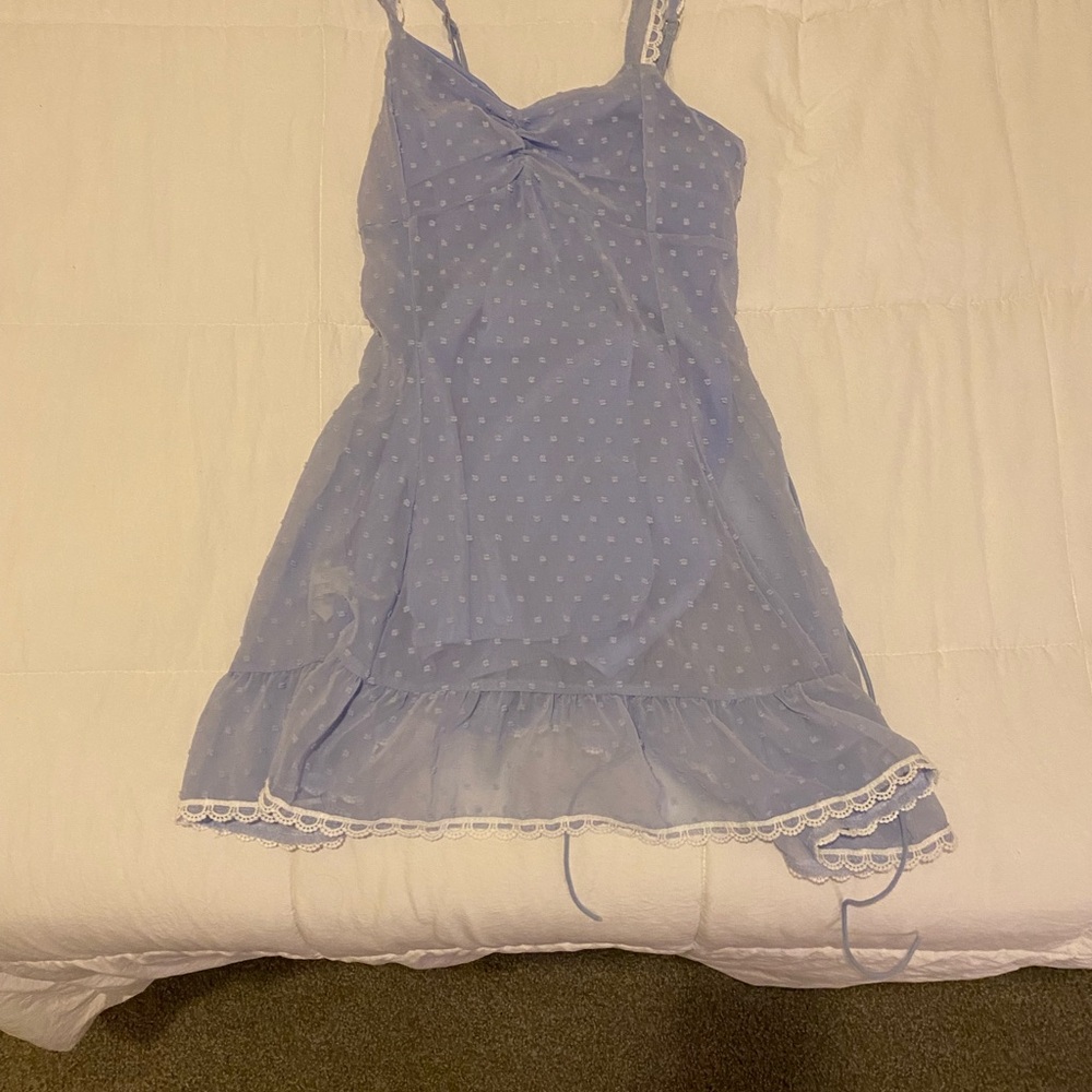 Light Blue Polka Dot Dress with Lace Trim